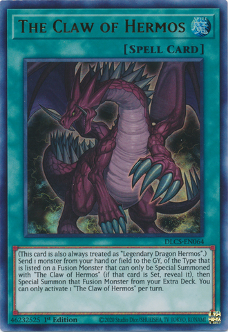 An Ultra Rare "The Claw of Hermos" card from the Yugioh Set: Dragons of Legend: The Complete Series.