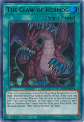 An Ultra Rare Green "The Claw of Hermos" card from the Yugioh Set: Dragons of Legend: The Complete Series (DLCS).
