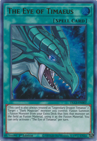 An Ultra Rare "The Eye of Timaeus" card from the Yugioh Set: Dragons of Legend: The Complete Series (DLCS).