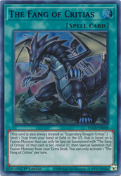 An Ultra Rare Blue "The Fang of Critias" card from the Yugioh Set: Dragons of Legend: The Complete Series.