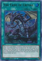 An Ultra Rare Green "The Fang of Critias" card from the Yugioh Set: Dragons of Legend: The Complete Series.