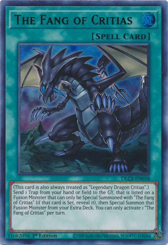 An Ultra Rare Green "The Fang of Critias" card from the Yugioh Set: Dragons of Legend: The Complete Series.