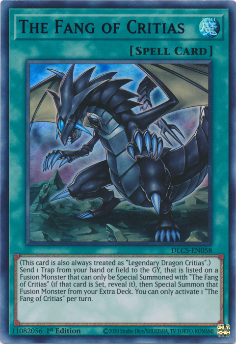 An Ultra Rare Purple "The Fang of Critias" card from the Yugioh Set: Dragons of Legend: The Complete Series.