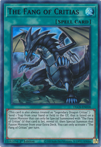 An Ultra Rare Purple "The Fang of Critias" card from the Yugioh Set: Dragons of Legend: The Complete Series.