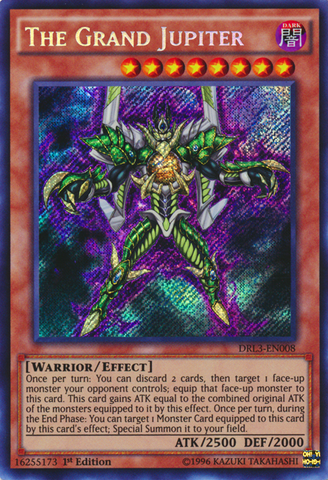 A Secret Rare "The Grand Jupiter" card from the Yugioh Set: Dragons of Legend: Unleashed.