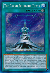 A Secret Rare "The Grand Spellbook Tower" card from the YugiohSet: Abyss Rising.