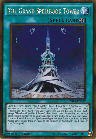 A Gold Rare "The Grand Spellbook Tower" card from the Yugioh Set: Premium Gold: Return of the Bling (PGL2).
