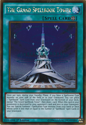A Gold Rare "The Grand Spellbook Tower" card from the Yugioh Set: Premium Gold: Return of the Bling (PGL2).
