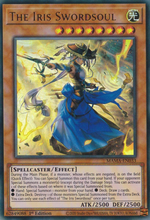 An Ultra Rare "The Iris Swordsoul" card from the Yugioh Set: Magnificent Mavens (MAMA).