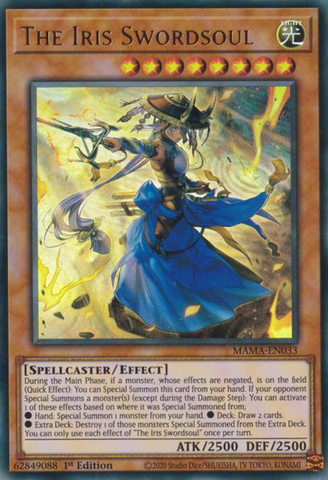 An Ultra Rare "The Iris Swordsoul" card from the Yugioh Set: Magnificent Mavens (MAMA).