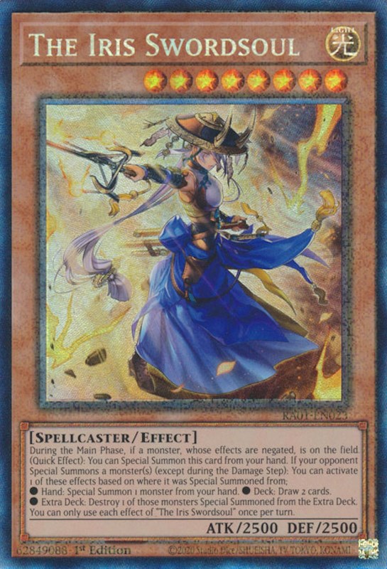A Prismatic Collector's Rare "The Iris Swordsoul" card from the Yugioh Set: Rarity Collection 1 (RA01).