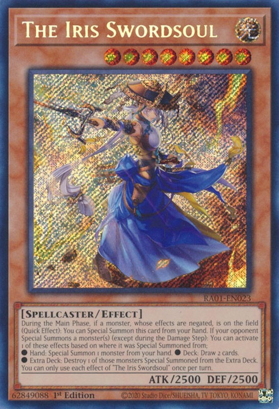 A Secret Rare "The Iris Swordsoul" card from the Yugioh Set: Rarity Collection 1 (RA01).