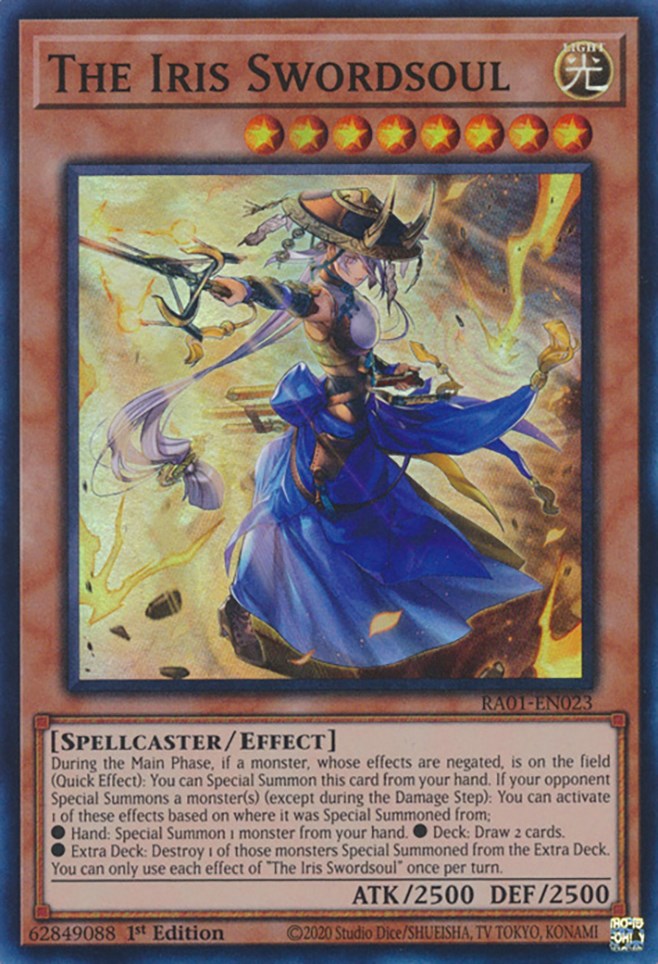A Super Rare "The Iris Swordsoul" card from the Yugioh Set: Rarity Collection 1 (RA01).