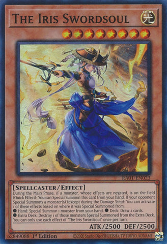 A Super Rare "The Iris Swordsoul" card from the Yugioh Set: Rarity Collection 1 (RA01).