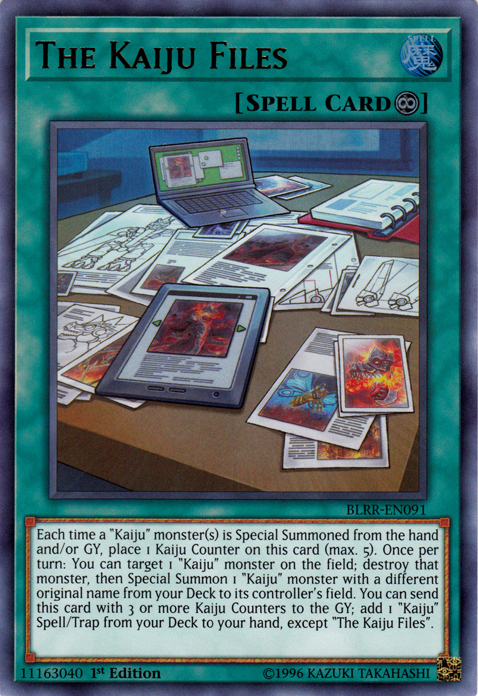 An Ultra Rare "The Kaiju Files" card from the Yugioh Set: Battles of Legend: Relentless Revenge (BLRR).