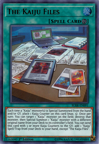 An Ultra Rare "The Kaiju Files" card from the Yugioh Set: Battles of Legend: Relentless Revenge (BLRR).