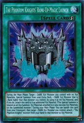 A Super Rare "The Phantom Knights' Rank-Up-Magic Launch" card from the Yugioh Set: Invasion: Vengeance (INOV).