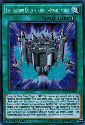 A Super Rare "The Phantom Knights' Rank-Up-Magic Launch" card from the Yugioh Set: Invasion: Vengeance (INOV).