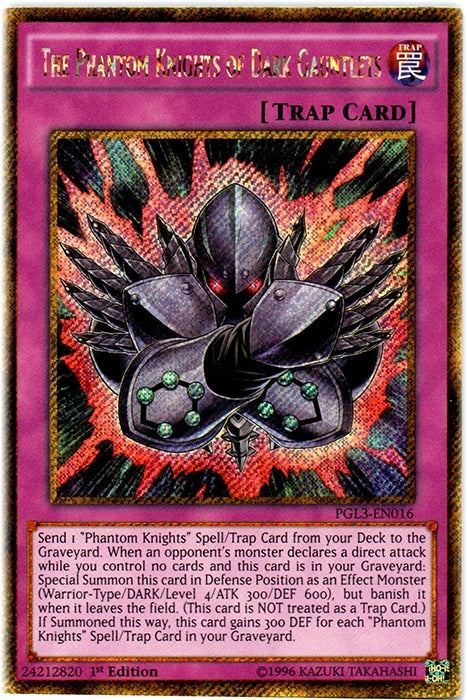 A Gold Secret Rare "The Phantom Knights of Dark Gauntlets" card from the Yugioh Set: Premium Gold: Infinite Gold (PGL3).