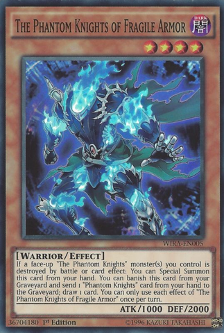 A Super Rare "The Phantom Knights of Fragile Armor" card from the Yugioh Set: Wing Raiders (WIRA).