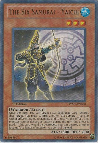 An Ultra Rare "The Six Samurai - Yaichi" card from the Yugioh Set: Ra Yellow Mega Pack (RYMP).