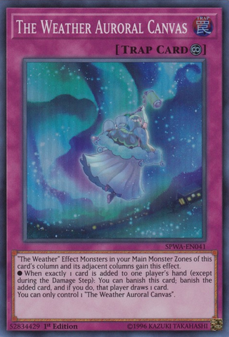 A Super Rare "The Weather Auroral Canvas" card from the Yugioh Set: Spirit Warriors (SPWA).