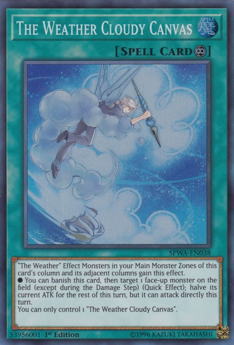 A Super Rare "The Weather Cloudy Canvas" card from the Yugioh Set: Spirit Warriors (SPWA).