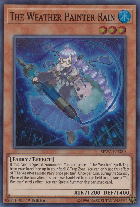A Super Rare "The Weather Painter Rain" card from the Yugioh Set: Spirit Warriors (SPWA).
