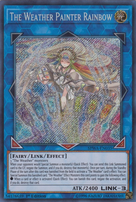 A Secret Rare "The Weather Painter Rainbow" card from the Yugioh Set: Spirit Warriors.
