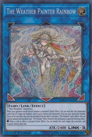 A Secret Rare "The Weather Painter Rainbow" card from the Yugioh Set: Spirit Warriors.