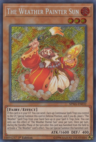 A Secret Rare "The Weather Painter Sun" card from the Yugioh Set: Spirit Warriors (SPWA).