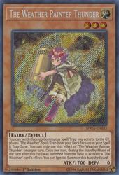 A Secret Rare "The Weather Painter Thunder" card from the Yugioh Set: Spirit Warriors (SPWA).