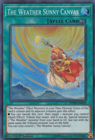 A Super Rare "The Weather Sunny Canvas" card from the Yugioh Set: Spirit Warriors (SPWA).