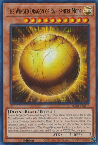 An Ultra Rare "The Winged Dragon of Ra - Sphere Mode" card from the Yugioh Set: Rarity Collection 1 (RA01).