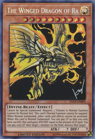 A Prismatic Secret Rare "The Winged Dragon of Ra" card from the Yugioh 2019 Gold Sarcophagus Mega-Tins (TN19).