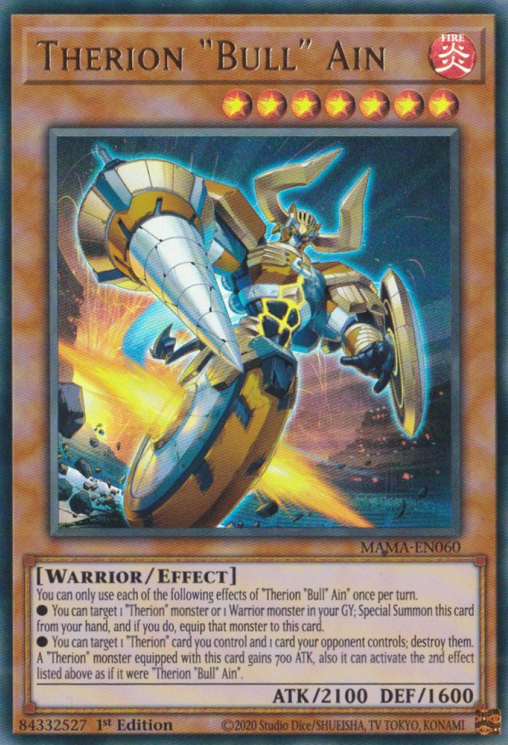 An Ultra Rare "Therion "Bull" Ain" card from the Yugioh Set: Magnificent Mavens.