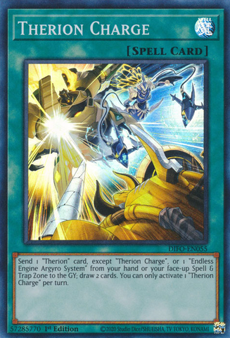  A Super Rare "Therion Charge" card from the Yugioh Set: Dimension Force.