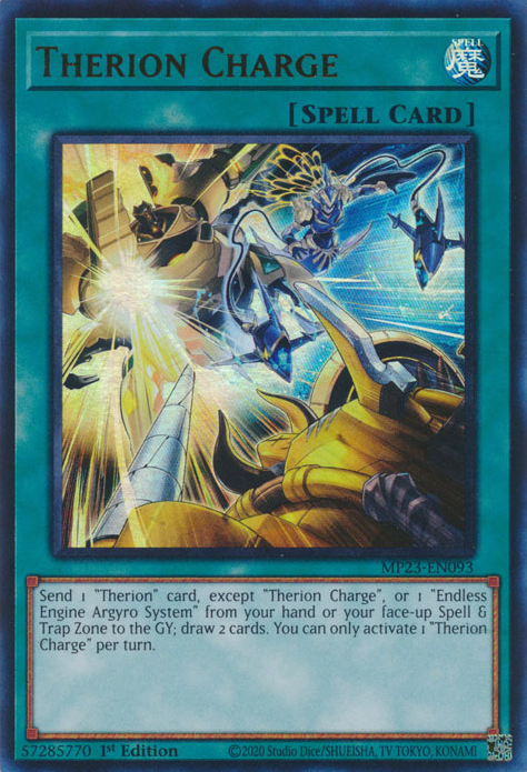 An Ultra Rare "Therion Charge" card from the Yugioh 25th Anniversary Tin: Dueling Heroes set.