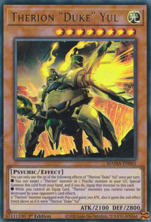 An Ultra Rare "Therion "Duke" Ain" card from the Yugioh Set: Magnificent Mavens.