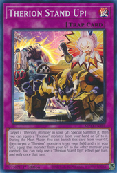 A Super Rare "Therion Stand Up!" card from the Yugioh 25th Anniversary Tin: Dueling Heroes set.