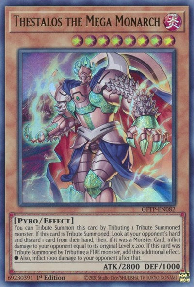 An Ultra Rare "Thestalos the Mega Monarch" card from the Yugioh Set: Ghosts From the Past (GFTP).