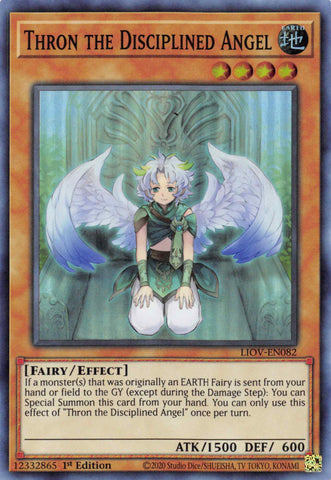  A Super Rare "Thron the Disciplined Angel" card from the Yugioh Set: Lightning Overdrive.