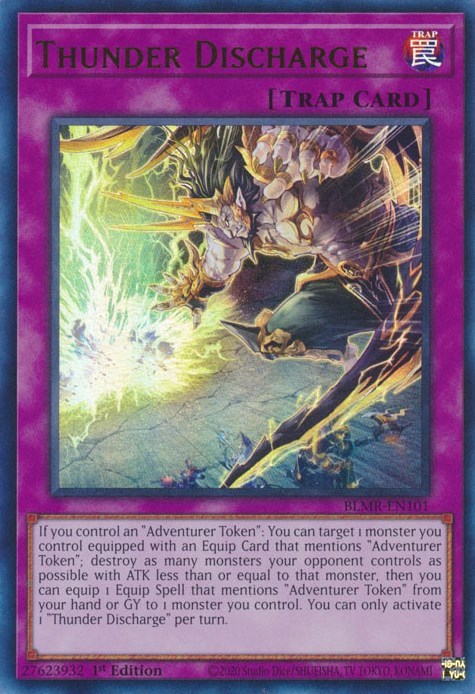 An Ultra Rare "Thunder Discharge" card from the Yugioh Set: Battles of Legend: Monstrous Revenge.