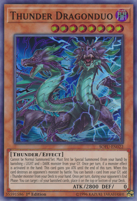 A Super Rare "Thunder Dragonduo" card from the Yugioh Set: Soul Fusion (SOFU).