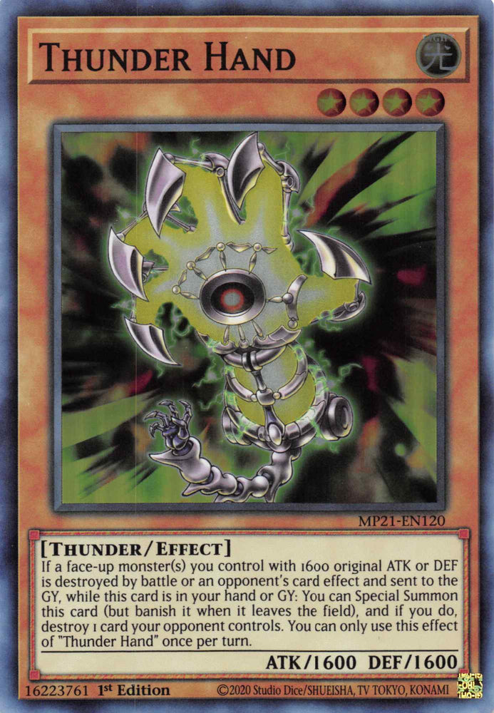  A Super Rare "Thunder Hand" card from the Yugioh 2021 Tin of Lost Memories.