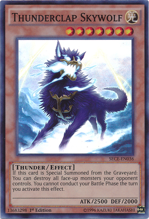 A Super Rare "Thunderclap Skywolf" card from the Yugioh Set: Secrets of Eternity (SECE).