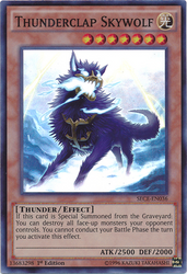 A Super Rare "Thunderclap Skywolf" card from the Yugioh Set: Secrets of Eternity (SECE).