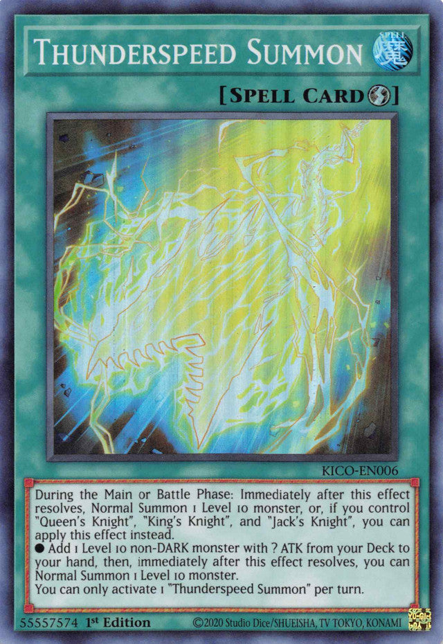 A Super Rare "Thunderspeed Summon" card from the Yugioh Set: King's Court.