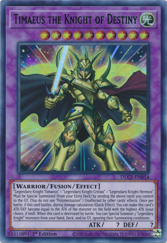 An Ultra Rare Purple "Timaeus, the Knight of Destiny" card from the Yugioh Set: Dragons of Legend: The Complete Series (DLCS).