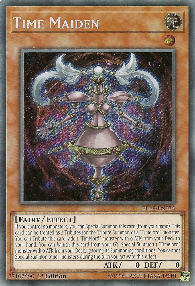 A Secret Rare "Time Maiden" card from the Yugioh Set: Battles of Legend: Relentless Revenge (BLLR).